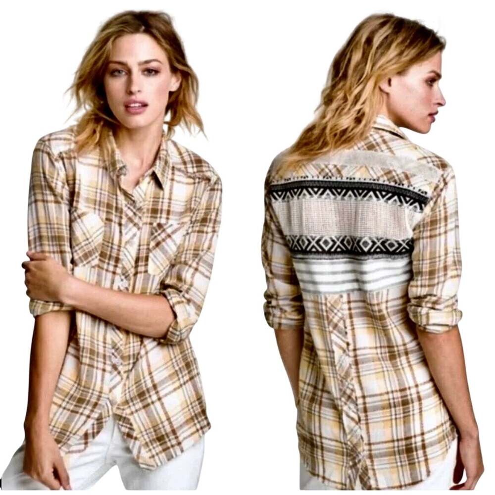 We The Free People Plaid Western Boho Blouse Southwest Lace Distressed Grunge M